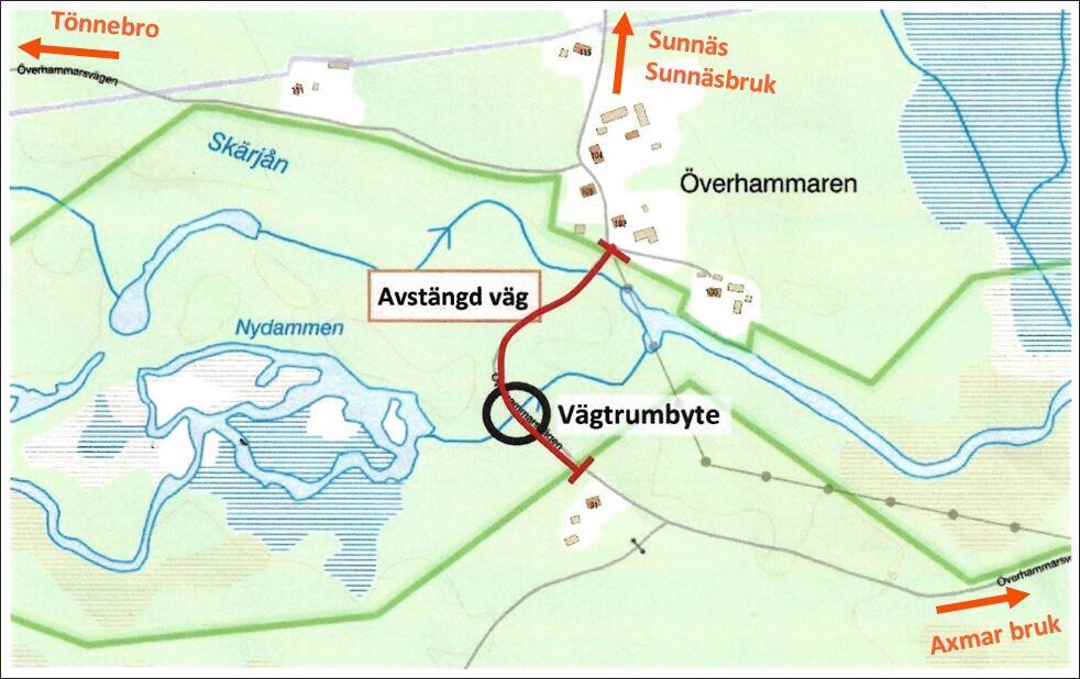 Vägavstängning mellan Axmar bruk och Överhammaren under v42 2022