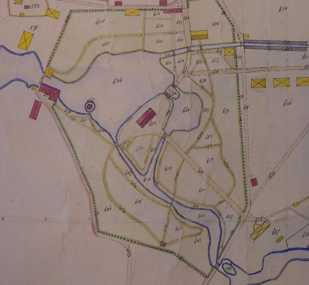 Karta över den engelska parken i Axmar bruk. Karta: Robert Westman 1883, Stora Ensos arkiv.