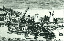 Axmar bruks hamn 1910. Teckning av Harald Lindberg
